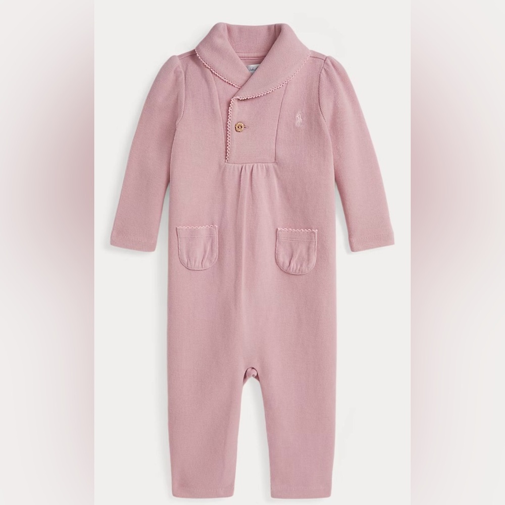 Ralph Lauren Pink Rib Shawl Collar Coverall Size 12 Months‎ NWT